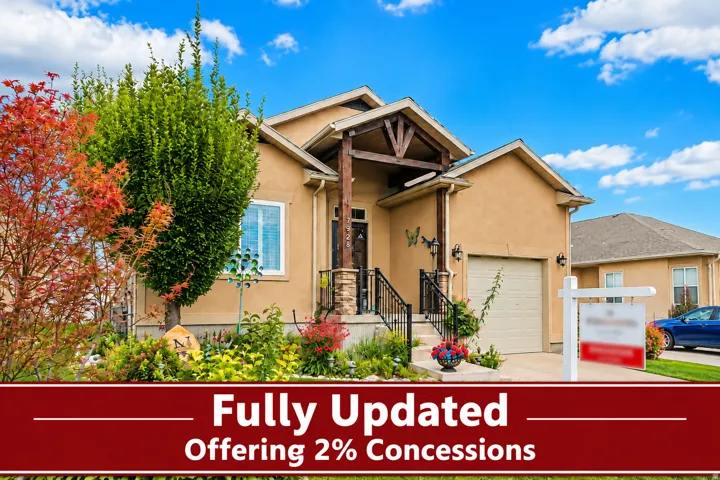 Stucco exterior with a covered entry, stone column accents, wood-beam details, a single garage, and established landscaping
