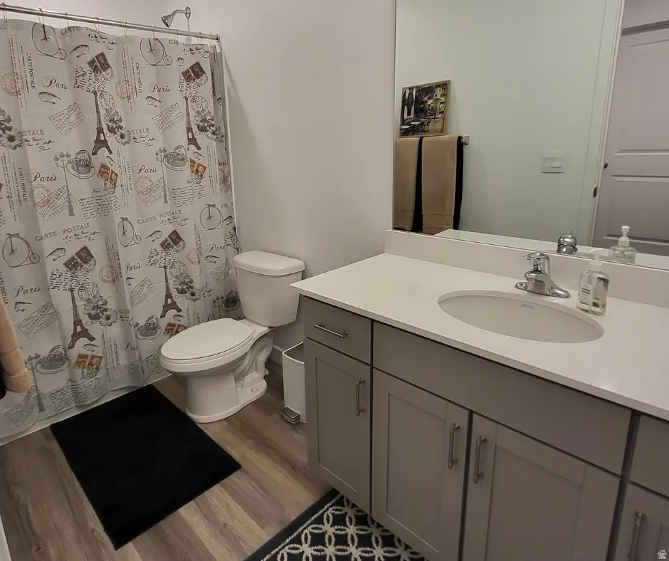 Bathroom featuring wood-finish flooring, a white toilet, and a vanity with a light-toned countertop and gray cabinetry