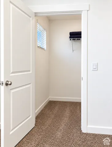 Primary Walk-in Closet Carpeted closet with wire shelving and a window with blinds