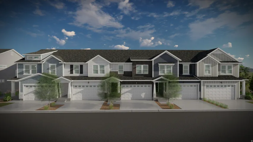 Modern townhome exteriors featuring varied siding materials and dormer windows