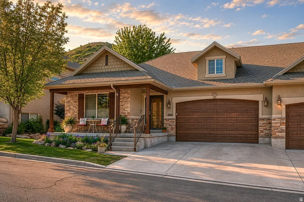 Craftsman-style exterior with stone and siding accents, covered front porch, concrete driveway, and dormer window