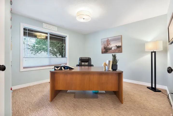 Recessed window with white trim, light-colored walls, and textured carpet flooring