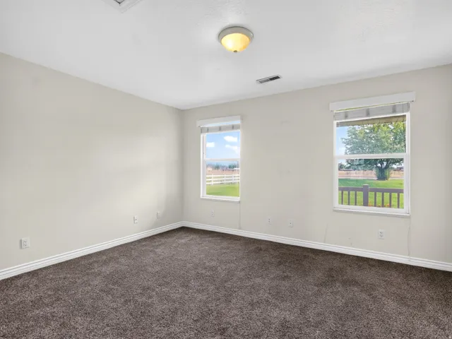 Plush carpeting, neutral wall tones, two large windows, and a flush-mount ceiling light fixture