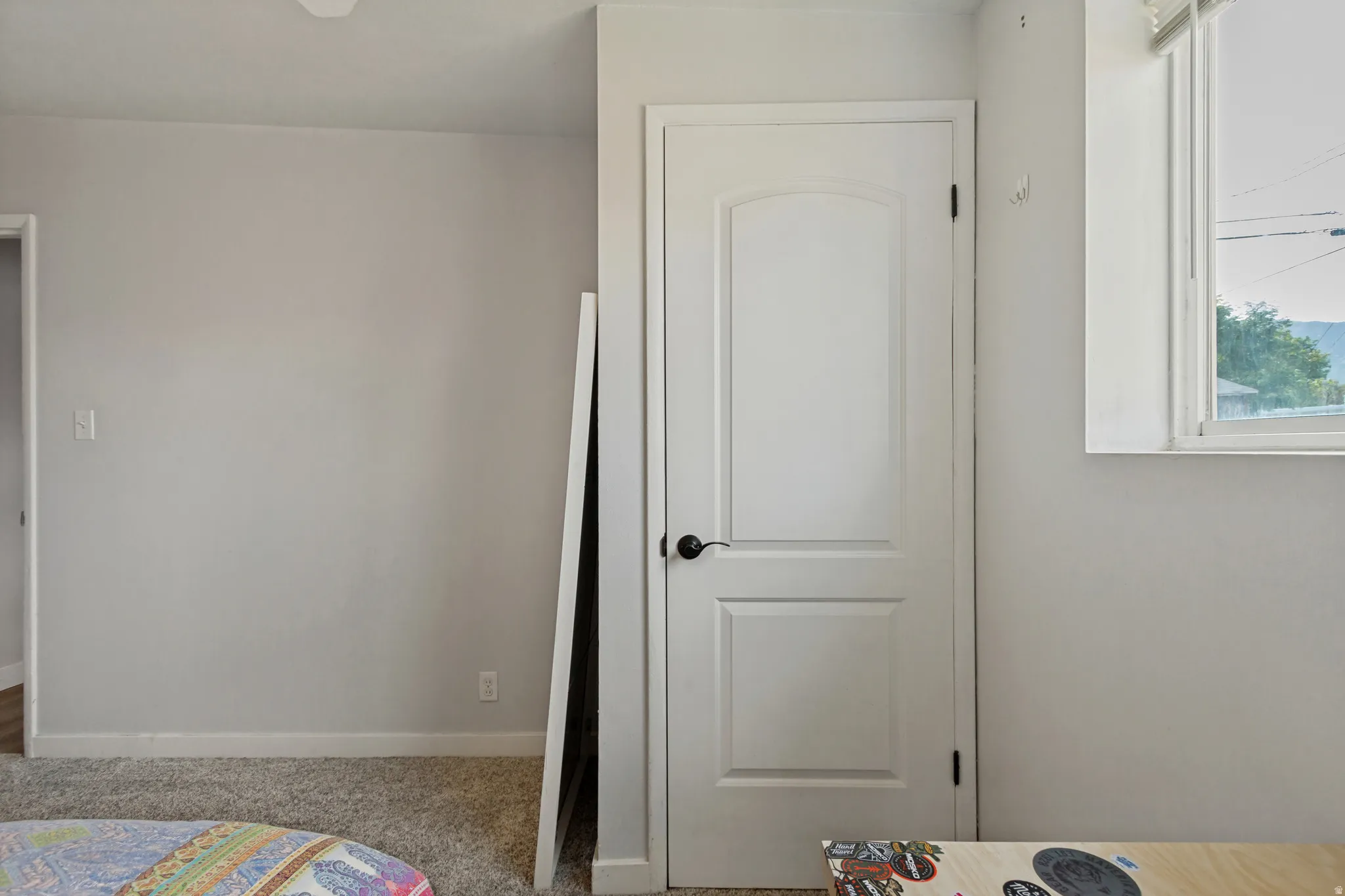 Light gray walls with white trim, a white paneled door, and a white-framed window