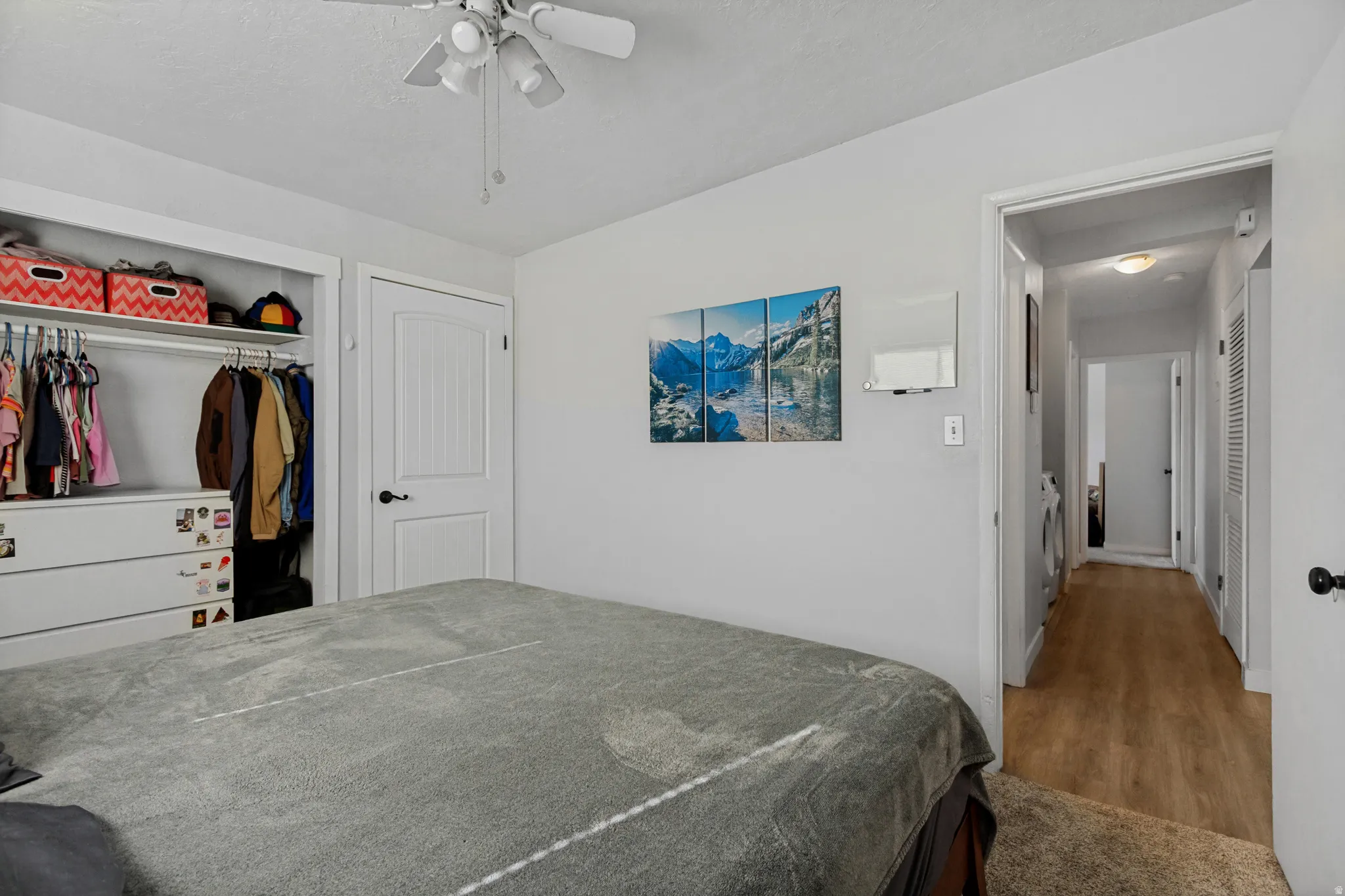 Recessed closet with clothes rod, white paneled door, ceiling fan with light fixture, and wood-finish flooring in the hallway
