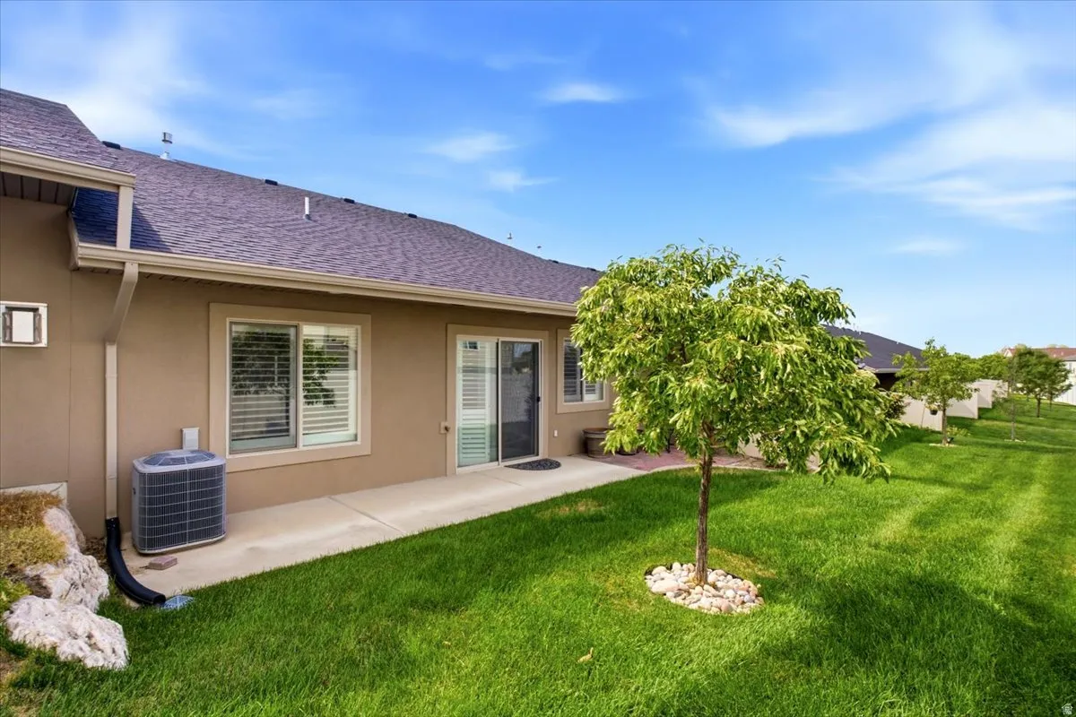 Manicured lawn with a young tree, stucco exterior, and a concrete patio