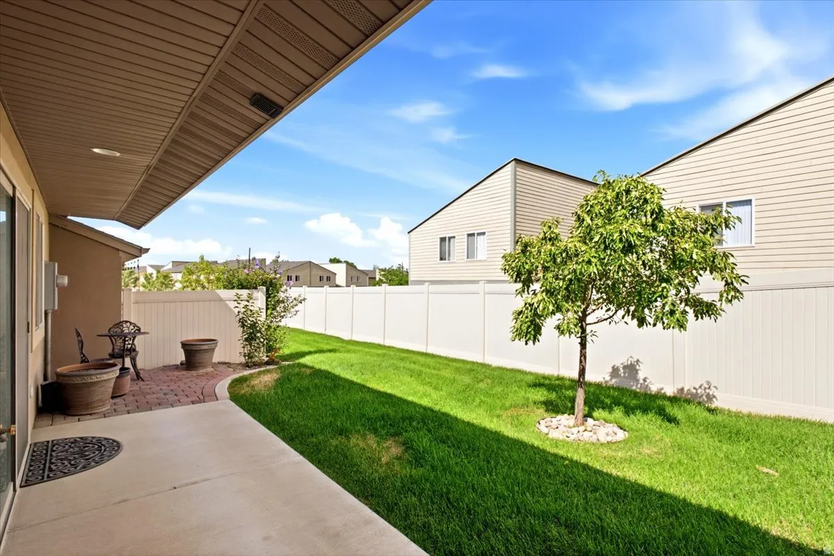Expansive lawn area with a white privacy fence and a young tree
