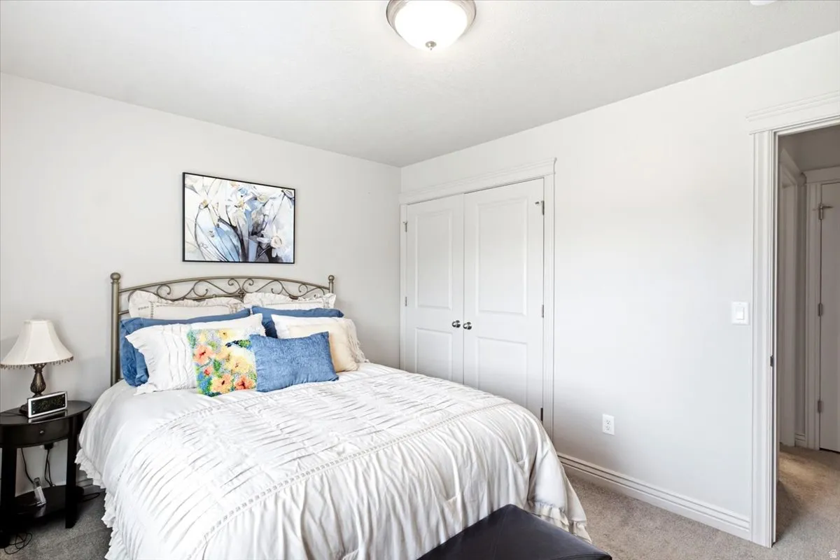 Recessed ceiling light fixture, neutral wall color, carpeted flooring, and a two-panel closet door
