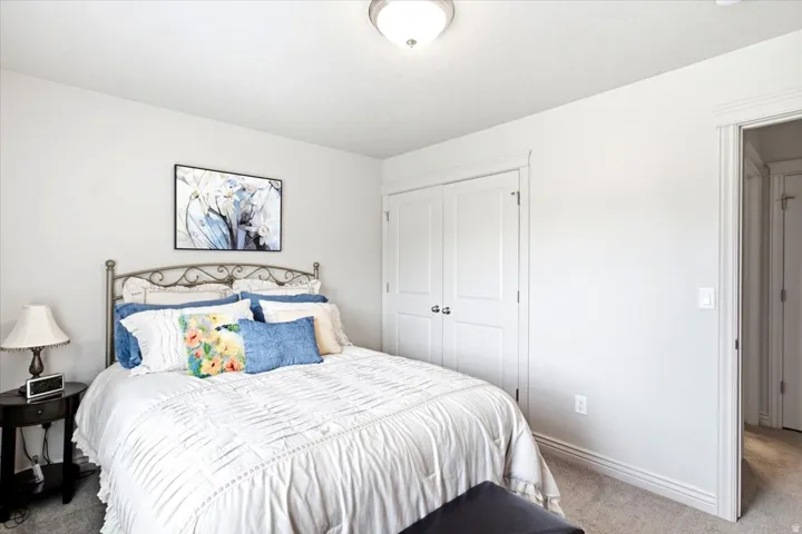 Recessed ceiling light fixture, neutral wall color, carpeted flooring, and a two-panel closet door