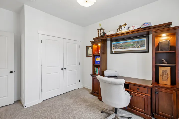 Built-in wood-finish desk and shelving with integrated lighting