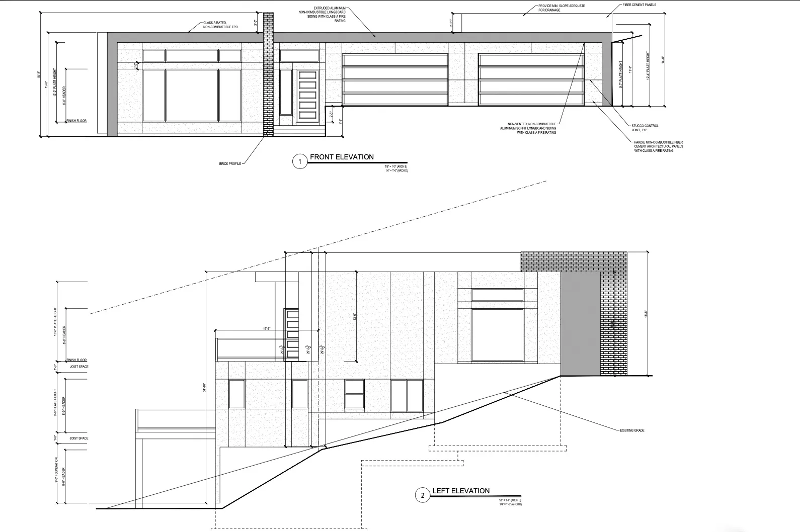 Architectural Drawings. Front and left elevations of the property, including material and dimension specifications