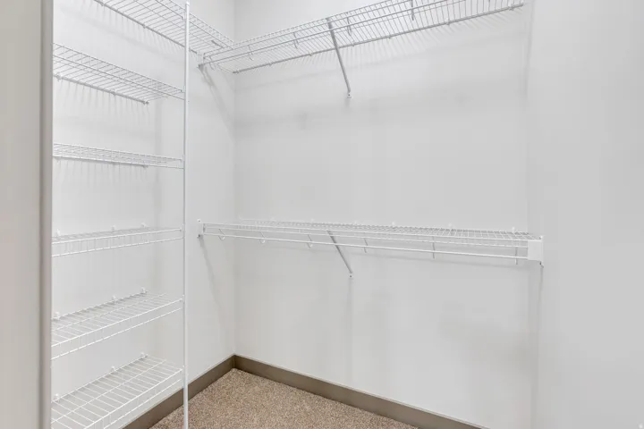 White wire shelving, multiple hanging rods, and carpeted flooring