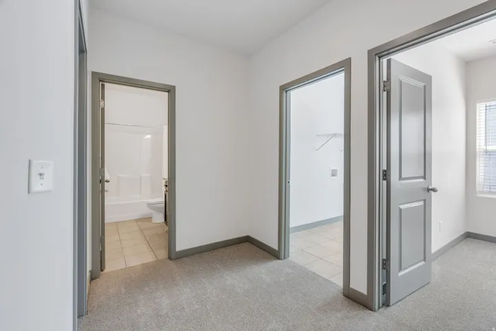 Neutral wall tones, gray trim throughout, gray panel doors, light gray carpeting, and a tiled bathroom