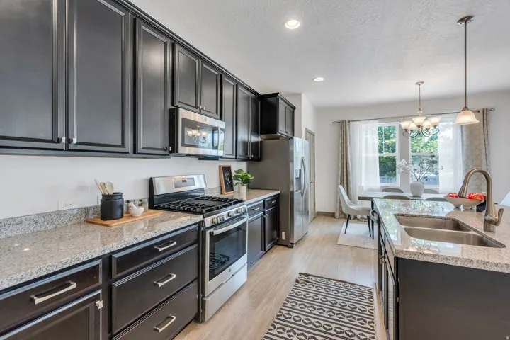 Kitchen featuring dark shaker-style cabinetry, stainless steel appliances, light granite countertops, and wood-finish flooring
