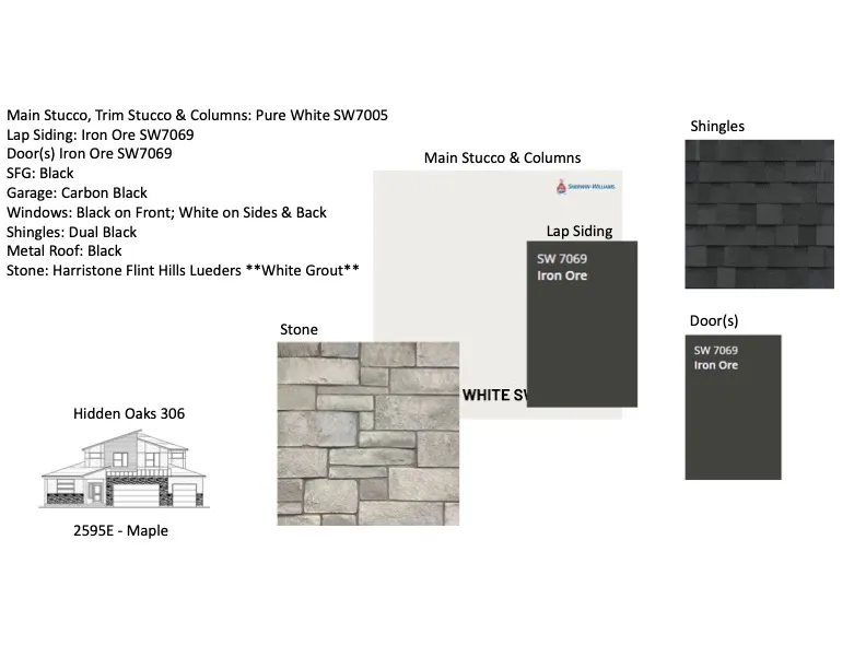 Property Specification Sheet, Exterior Finishes. Presenting material and color selections for the property's exterior elements