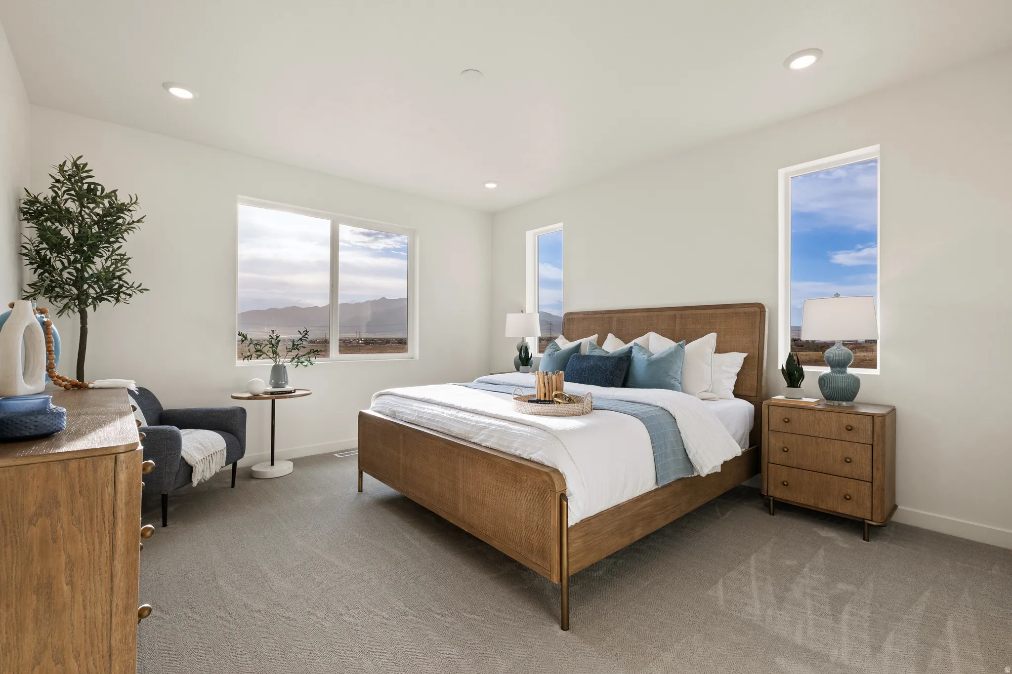 Recessed lighting, light gray carpeting, and multiple windows providing natural illumination