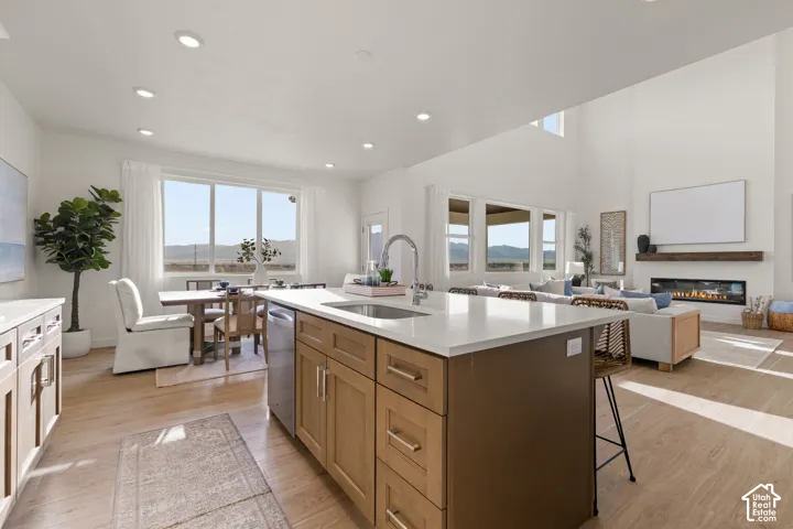 Gourmet kitchen with a large island and light wood-finish flooring