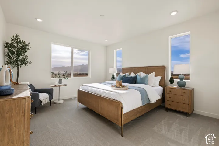 Recessed lighting, light gray carpeting, and multiple windows providing natural illumination