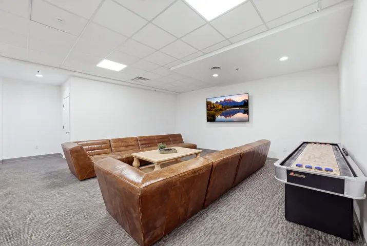 Recessed lighting, drop ceiling, and wall-mounted television