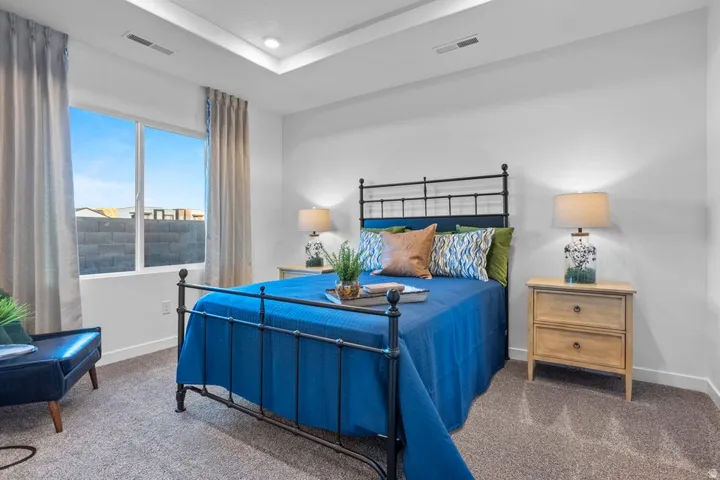 Recessed lighting, tray ceiling, large window with white frame, and carpeted flooring