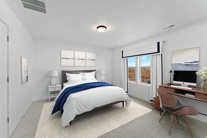 Window with distant scenery, white walls, and built-in ceiling lighting