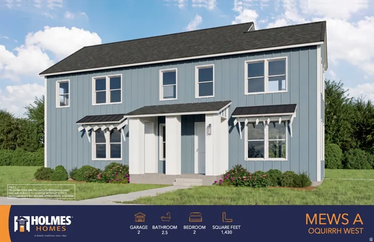 Holmes Homes New Construction Model. Architectural elevation and property specifications for a two-story residential dwelling featuring garage, bathrooms, bedrooms, and square footage details