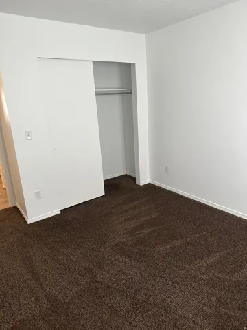 Brown carpet flooring, white painted walls, white baseboards, and a sliding closet door