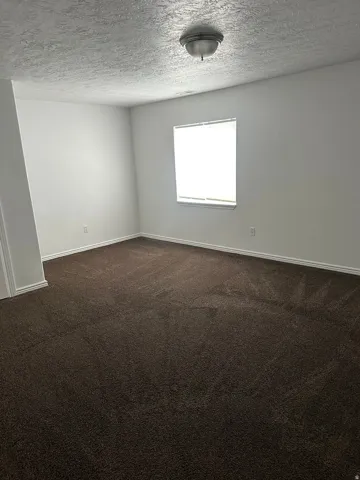 Brown carpet flooring, white painted walls, single window with blinds, and a flush mount ceiling light fixture