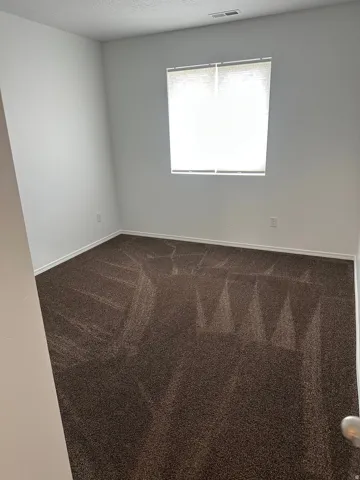 Neutral white walls, dark brown carpeting, and a window with roller shades