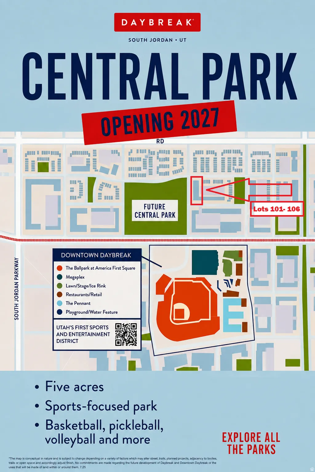 Development Map. Illustrating the planned Central Park, opening 2027, and Lot 101-106 designations, including downtown Daybreak features and a sports and entertainment district