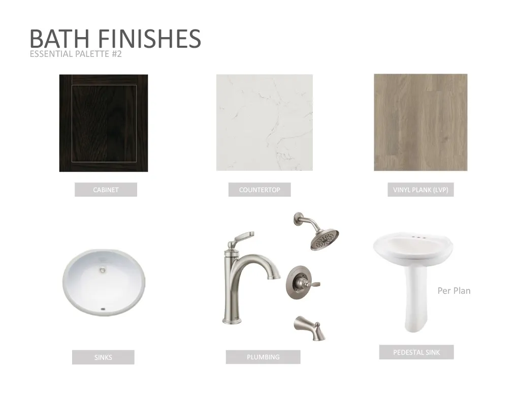 Design Specification Sheet, Bath Finishes. Presenting specific material and fixture selections for the property's bathroom components