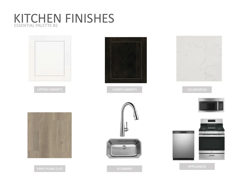 Interior Finish Selection Sheet. Detailing the specified material and appliance selections for the property's kitchen