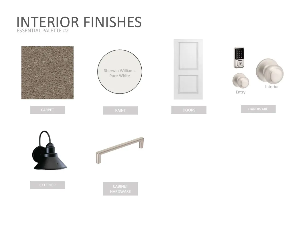 Interior Finishes Specification. Presenting the essential palette for the property's interior and exterior elements