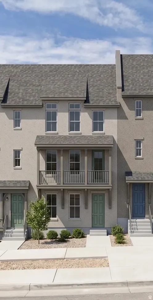 Stucco facade with a multi-level design