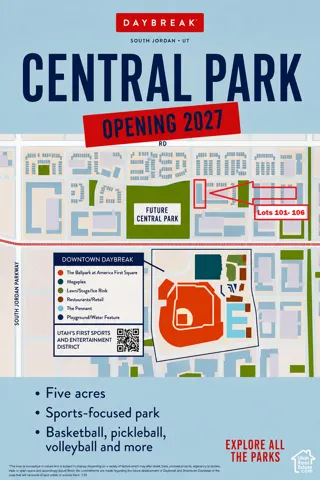 Development Map. Illustrating the planned Central Park, opening 2027, and Lot 101-106 designations, including downtown Daybreak features and a sports and entertainment district