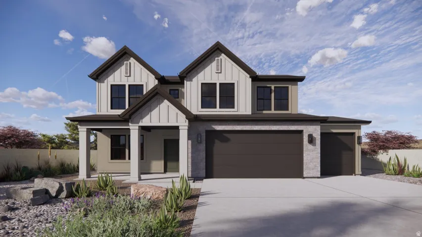 Two-story residence featuring a combination of horizontal siding and stone veneer, a covered front porch, and a two-car garage with an additional single-car garage