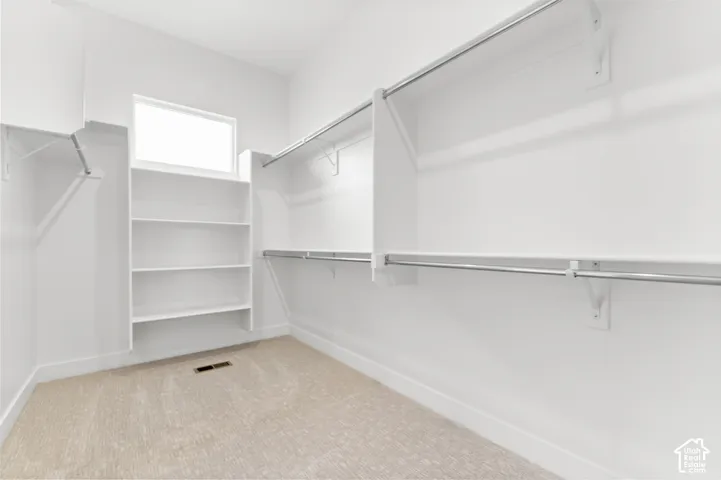 Integrated shelving unit, multiple clothing rods, upper transom window, neutral carpeting, and white wall finishes
