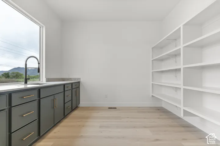Spacious pantry featuring extensive built-in shelving, a large window, light wood-finish flooring, dark cabinetry with brass hardware, and a sink with a matte black faucet
