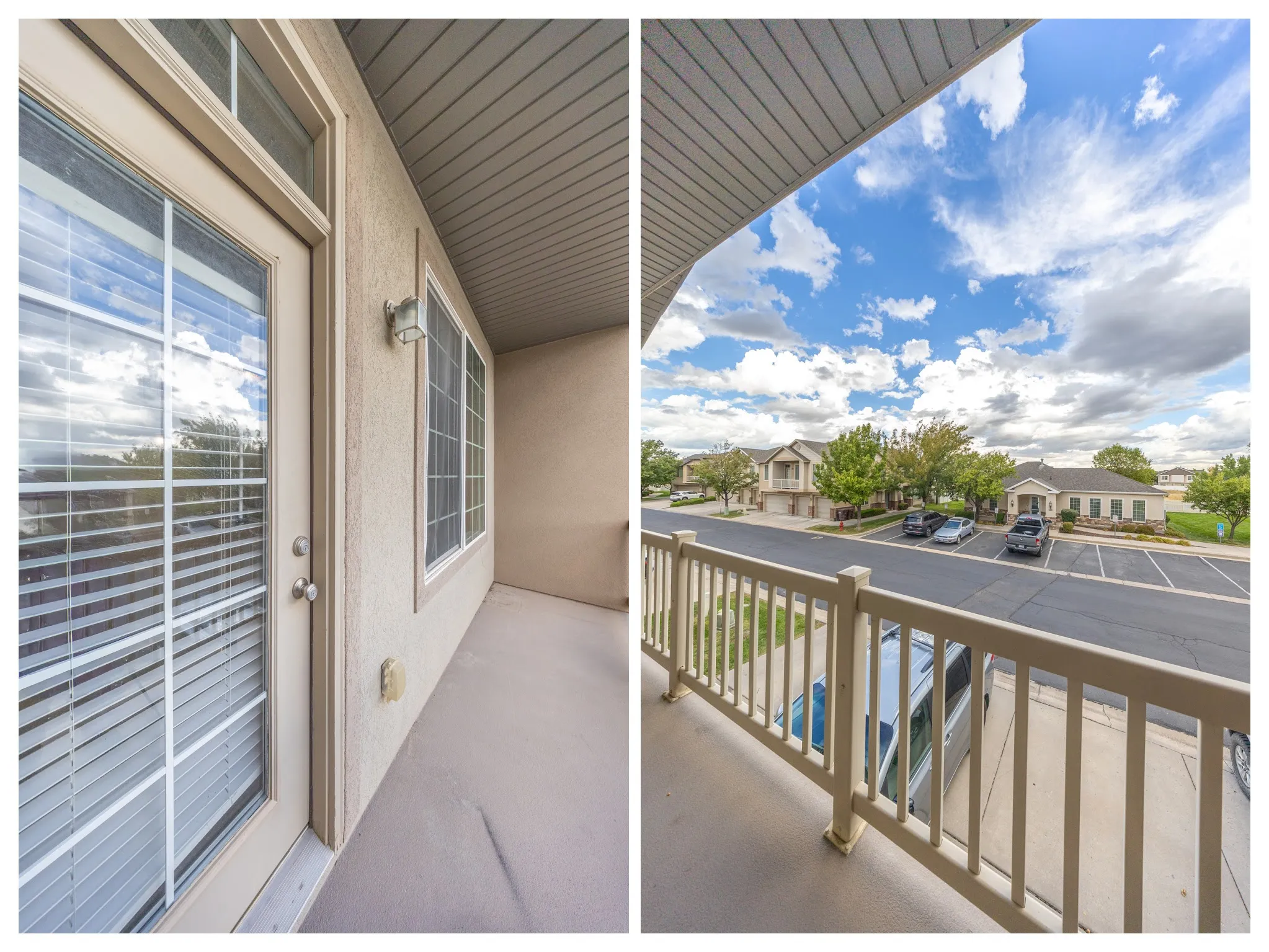 Balcony with a painted wood railing, an exterior light fixture, and a glass-paned door with integrated blinds
