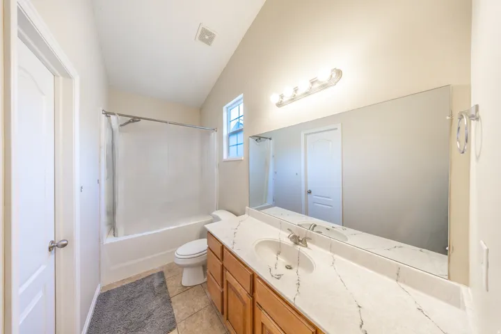 Single vanity with stone-finish countertop, integrated sink, and wood cabinetry