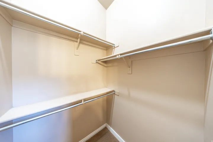 Walk-in closet with carpet flooring, white walls, and built-in shelving with hanging rods