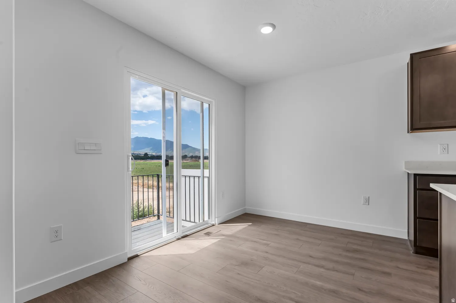 Sliding glass door to balcony, wood-finish flooring, recessed lighting, and built-in cabinetry with light-toned countertops