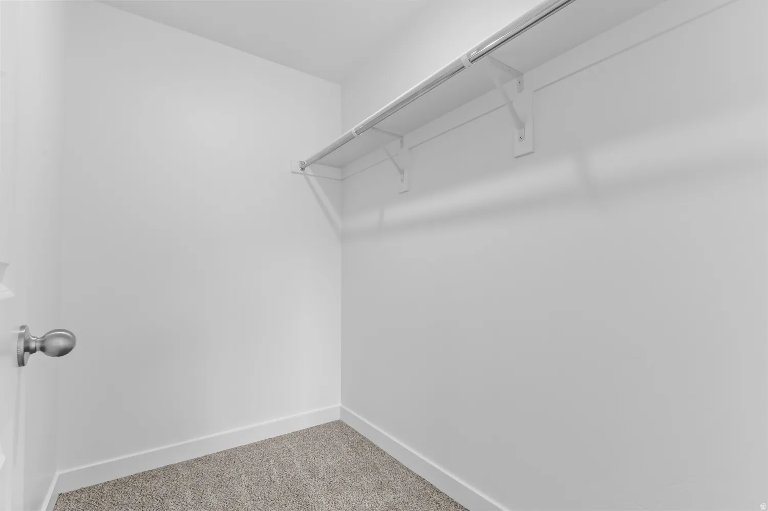 Carpeted closet with built-in shelving and hanging rod