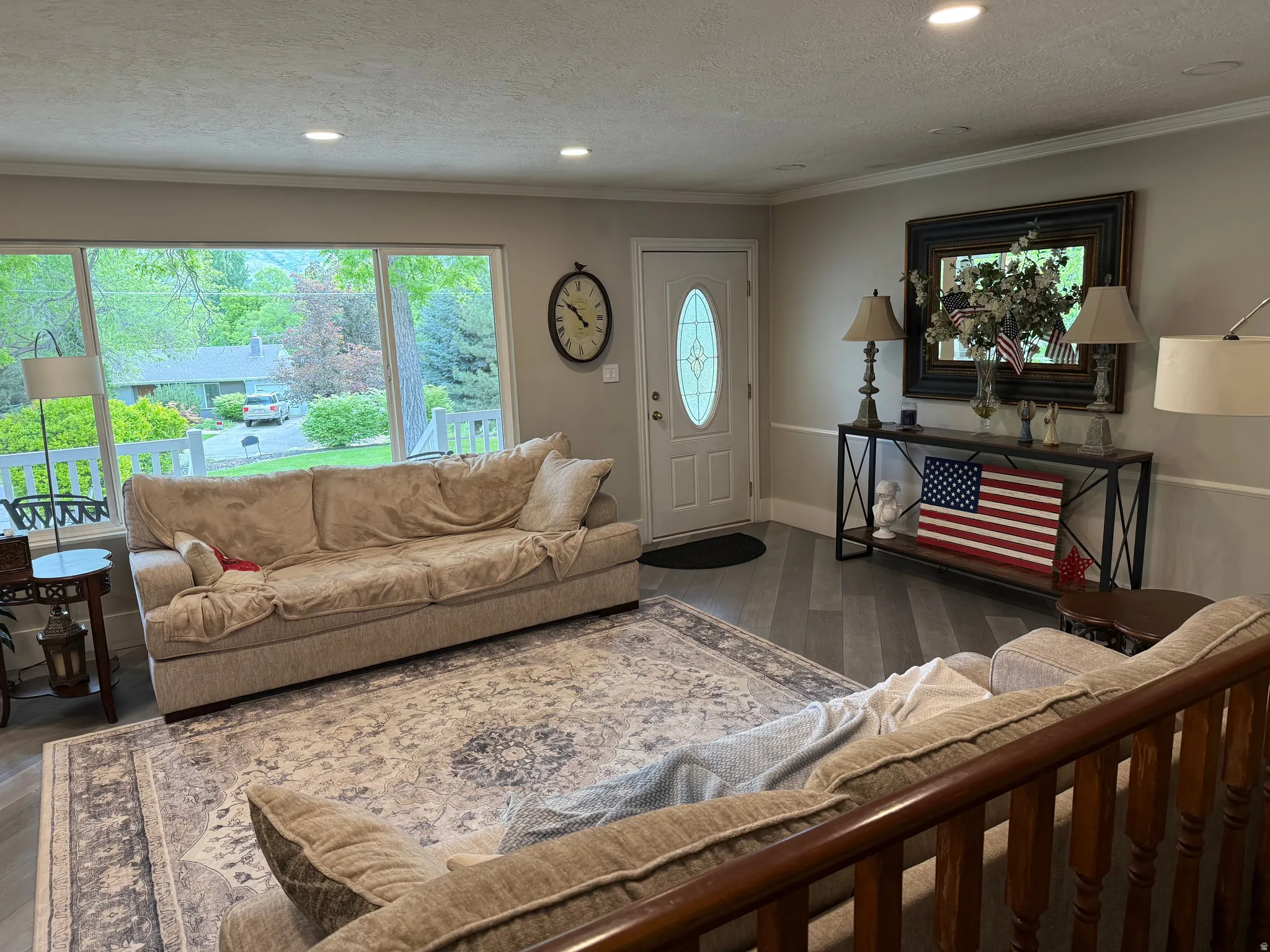 Wood-finish flooring throughout the space