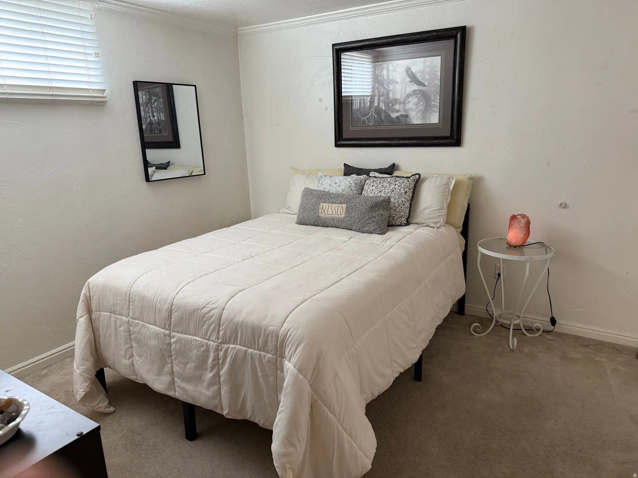 Carpeted flooring throughout with white painted walls