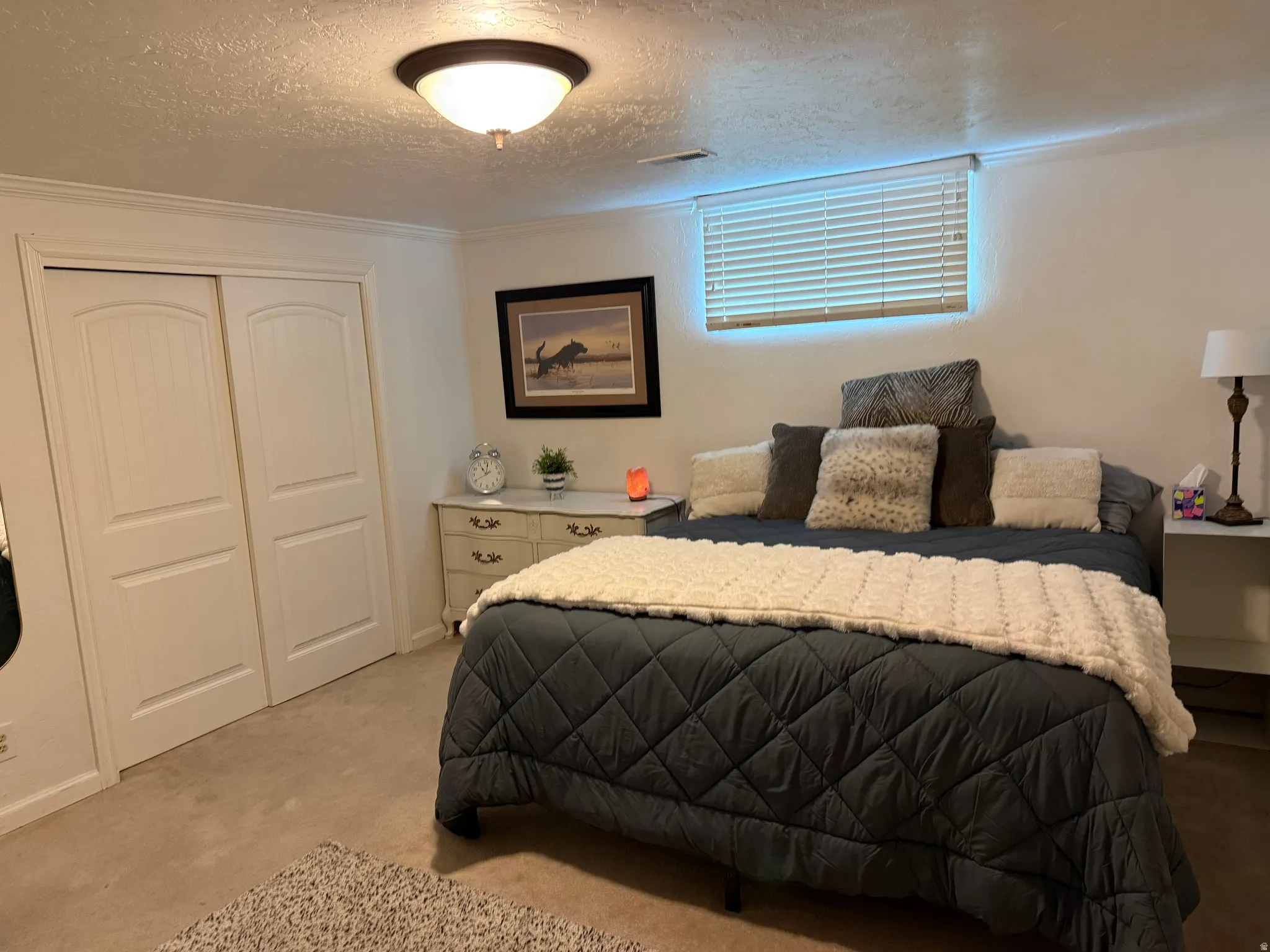 Recessed window with blinds, overhead flush-mount lighting, and carpeted flooring
