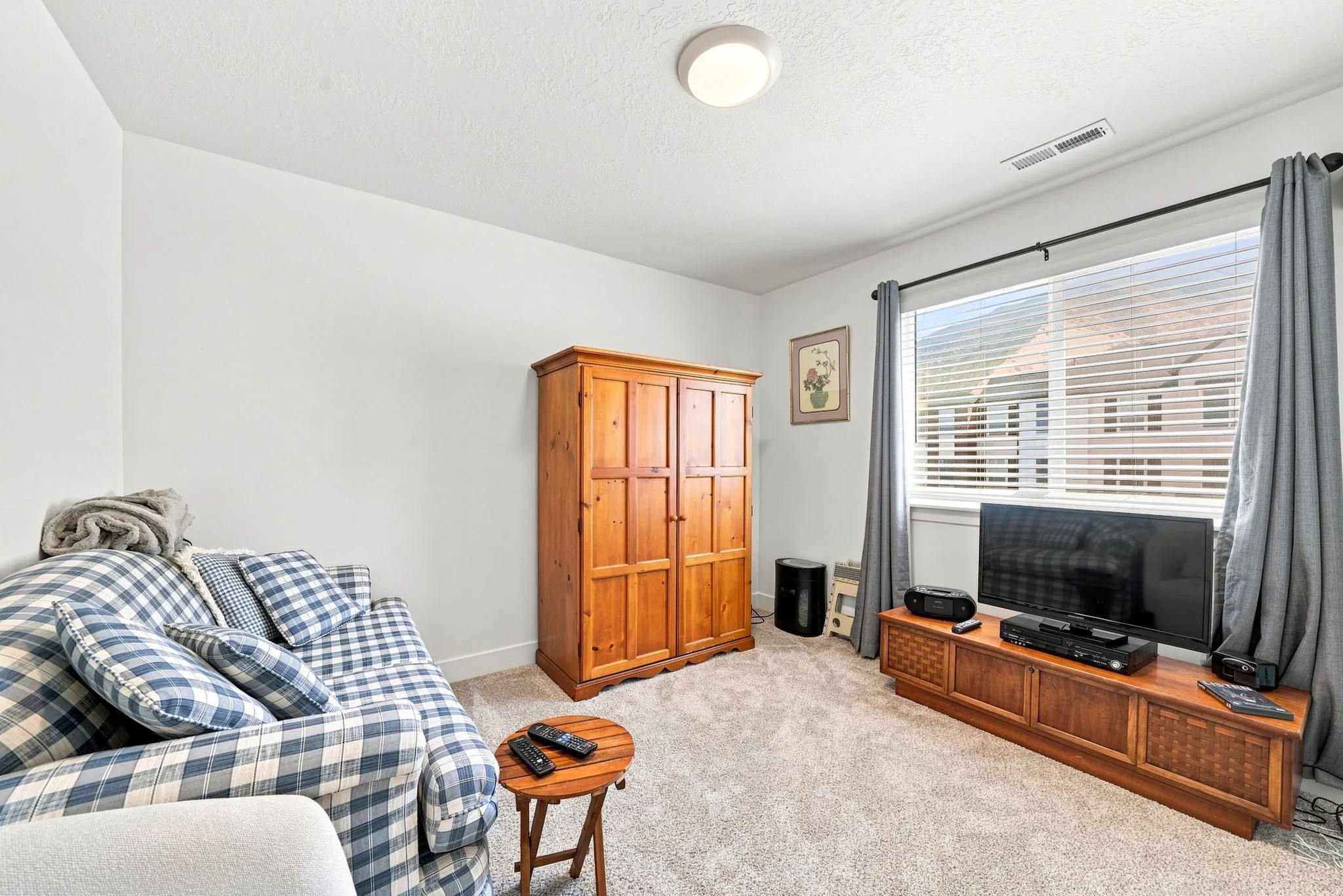 Carpeted room featuring a large window with blinds, ceiling-mounted light fixture, and white walls
