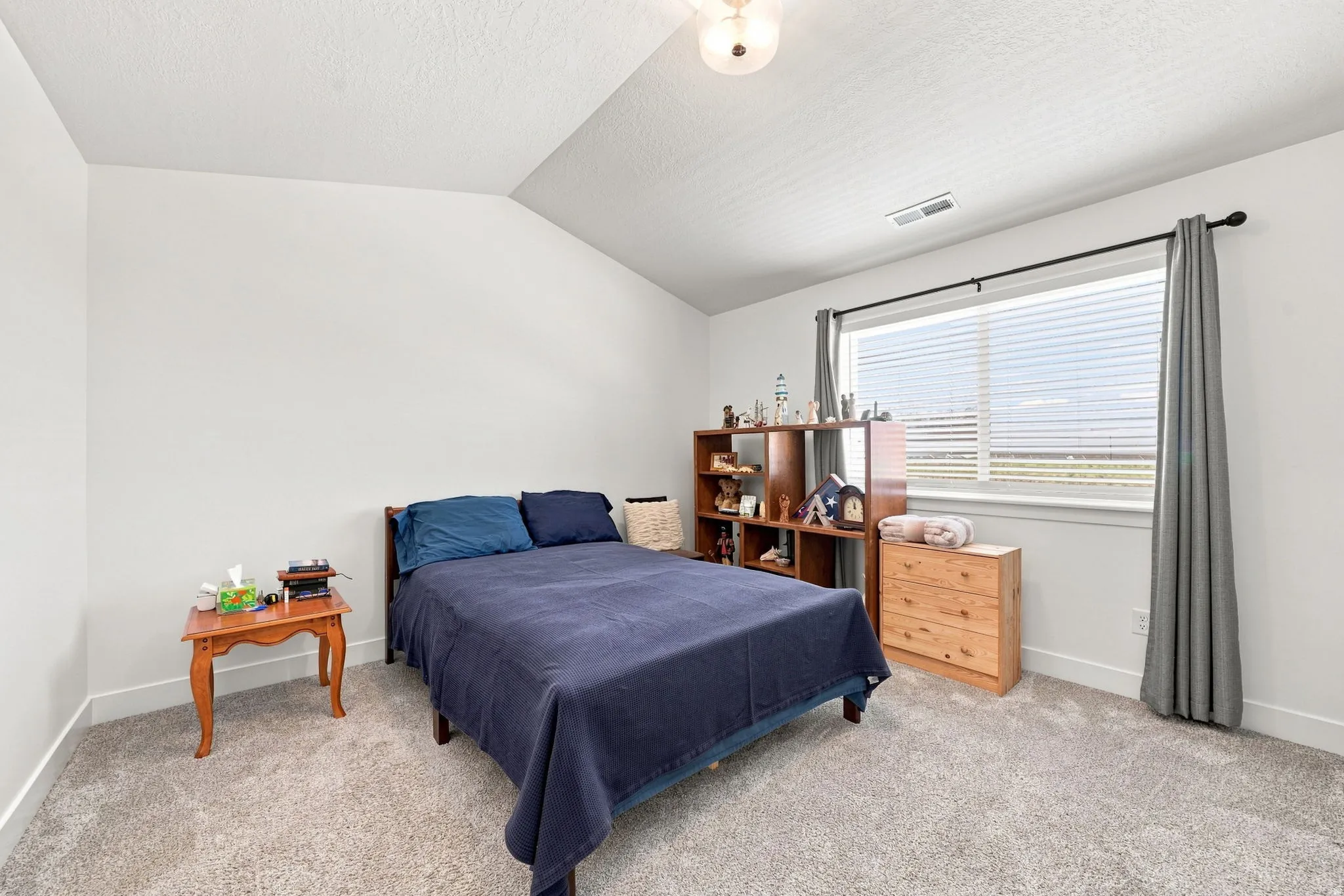 Neutral-toned carpeting, white walls, and a window with horizontal blinds