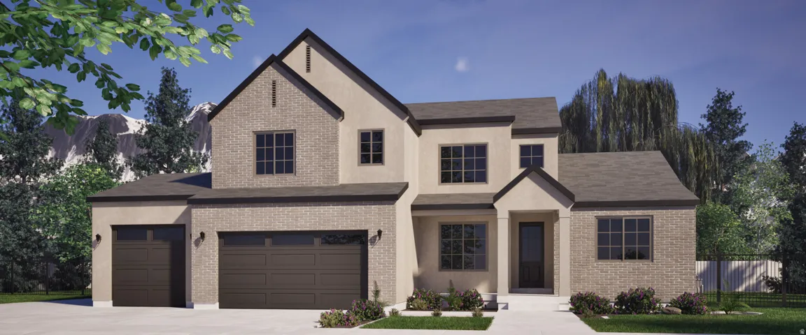 Contemporary exterior with light brick and stucco finishes, dark-framed windows, and a multi-car garage with frosted glass panels