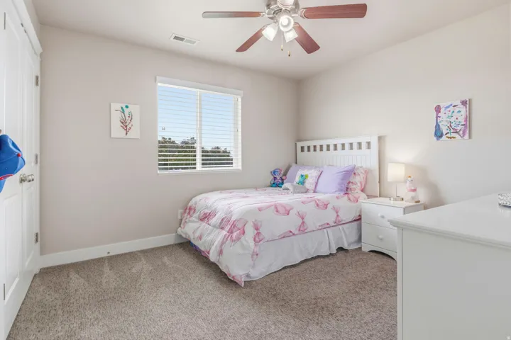 Carpeted flooring, window with blinds, ceiling fan with integrated lighting, and a white paneled door